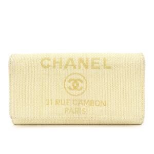 Chanel Deauville CC Logo Raffia Wallet Yellow